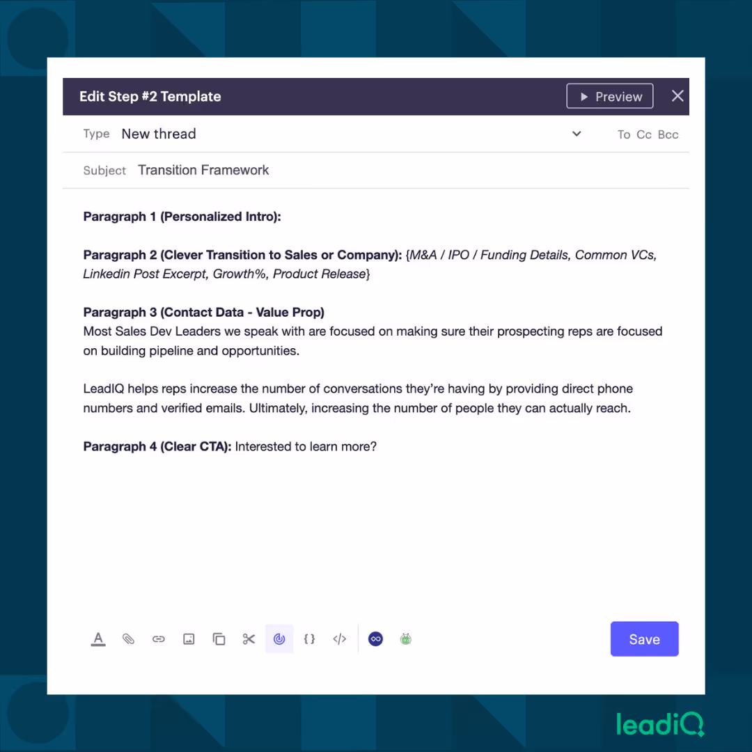 Screenshot of a LeadIQ email template for personalized emails with content outlined in caption