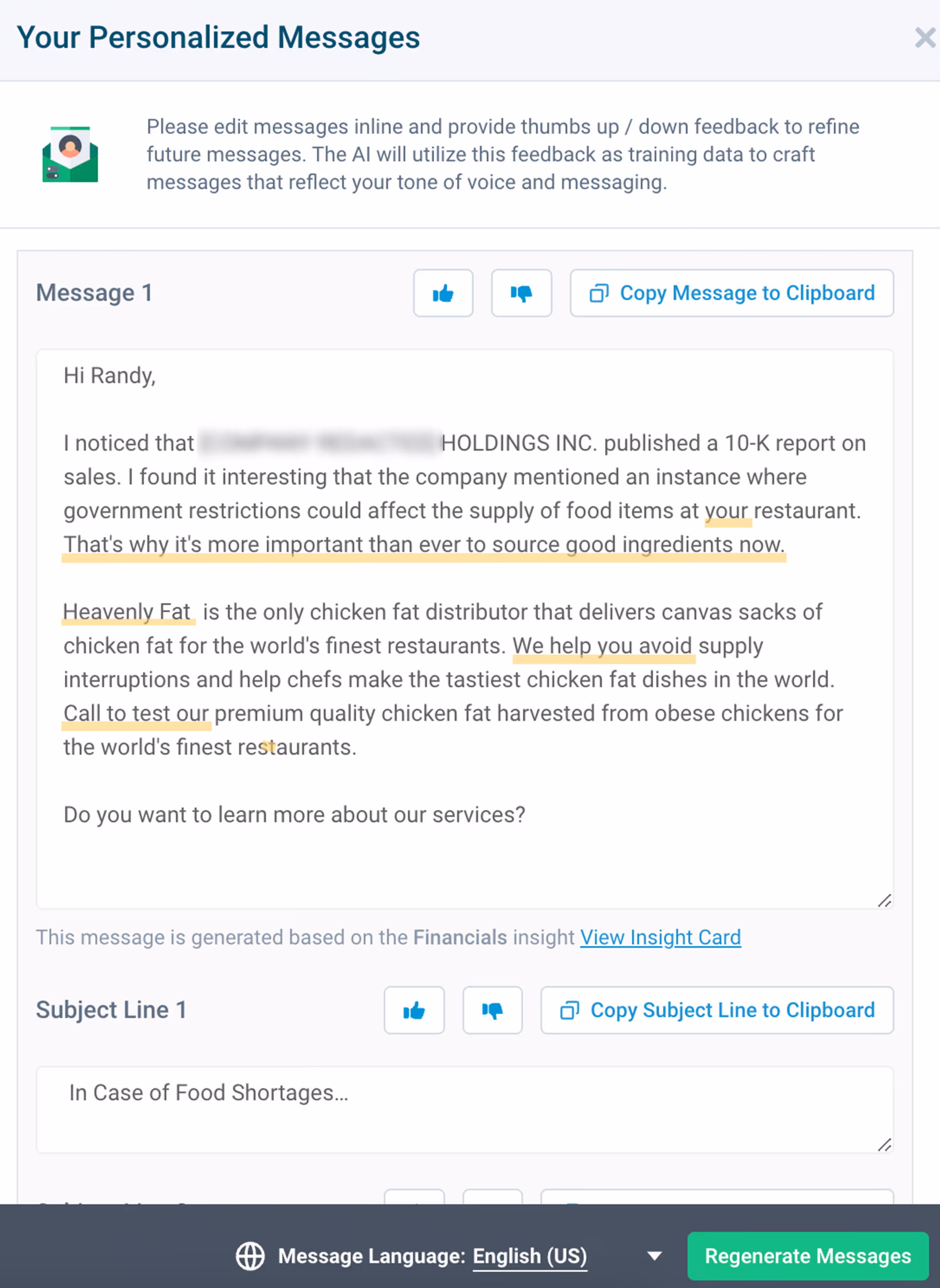 Product screenshot of LeadIQ Scribe email from previous image highlighting a couple of areas that were editing in-line to fit the writer's personality