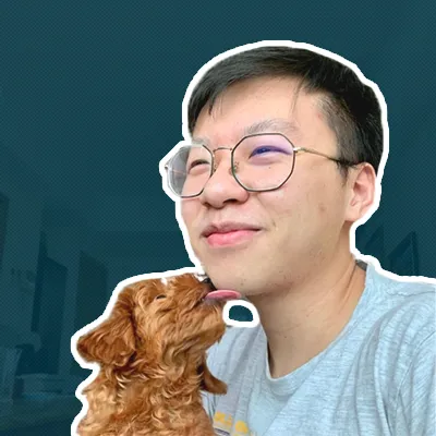 Stylized headshot of Jonathan Ng, Full Stack Engineer holding puppy