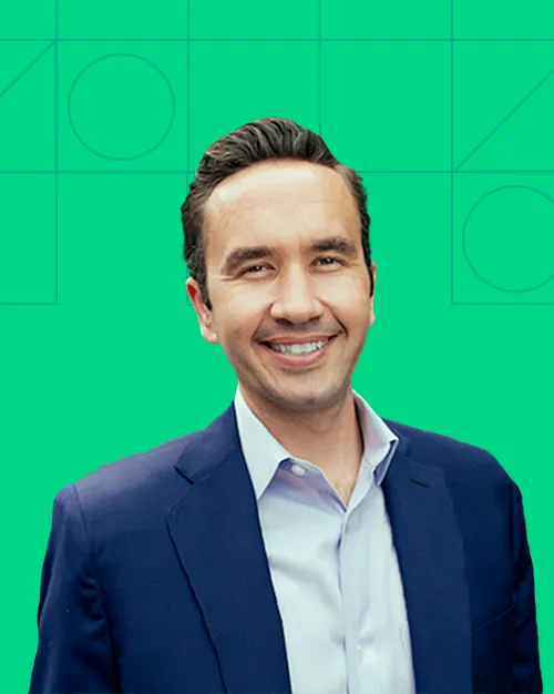 Headshot of Aaron Zukoski with a green background and LeadIQ visuals.