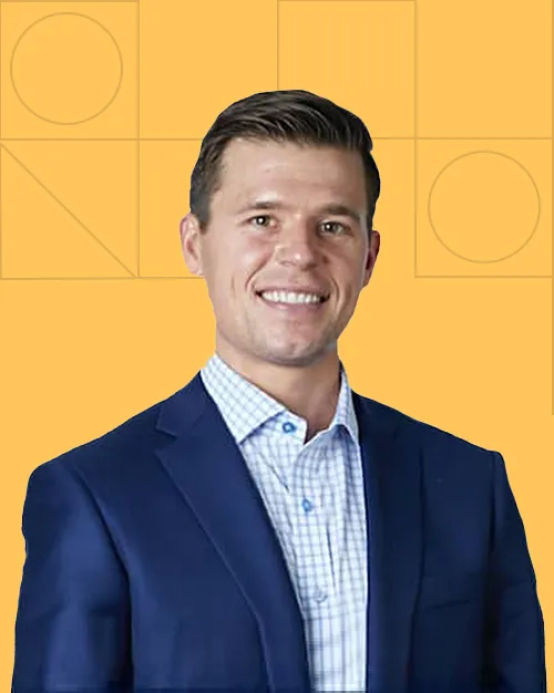 Headshot of Kyle Coleman with a yellow background and LeadIQ visuals.
