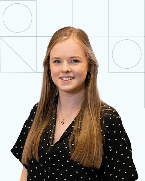 Headshot of Morgan Furneaux with a light blue background and LeadIQ visuals.