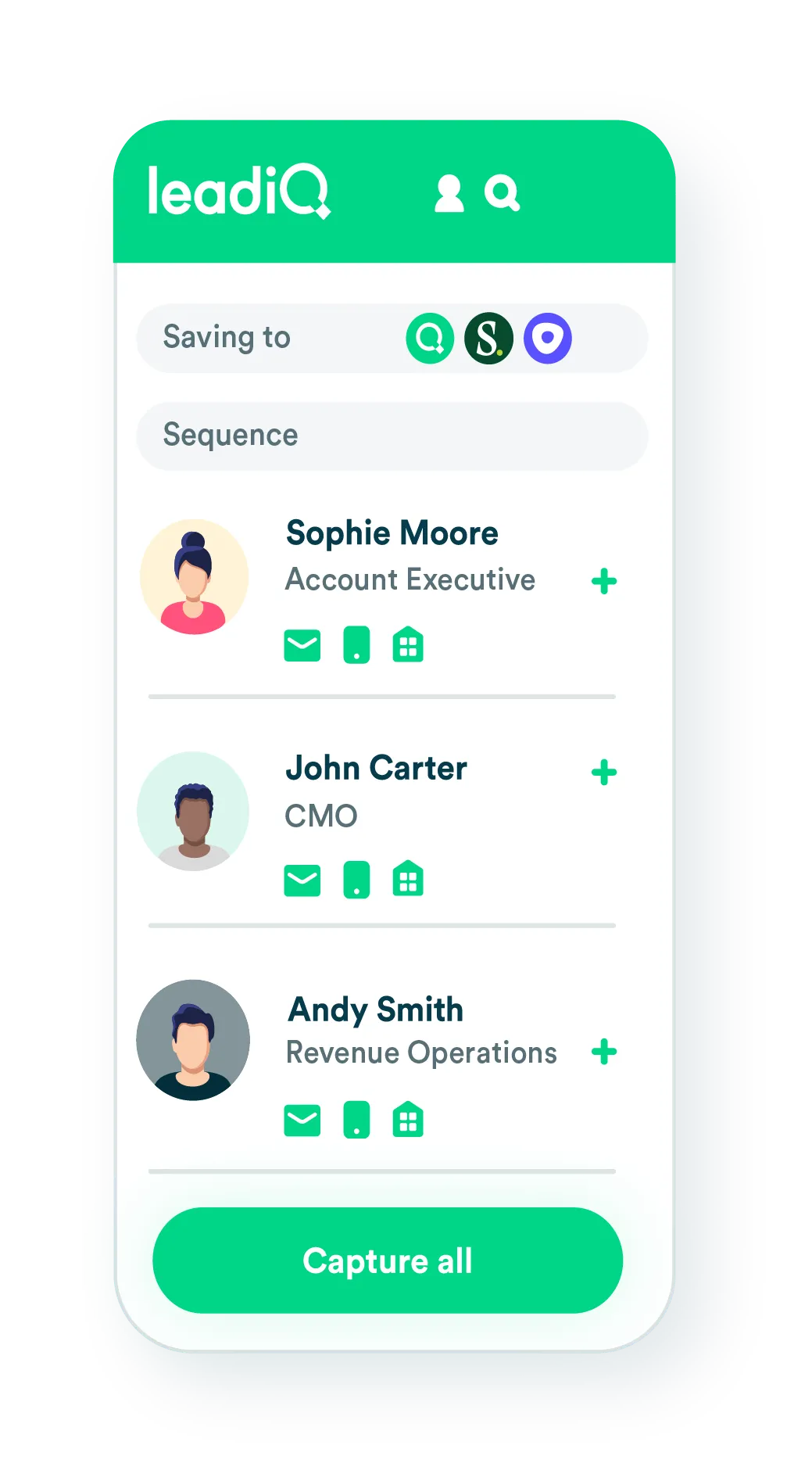 Stylized mockup of LeadIQ Prospector extension.