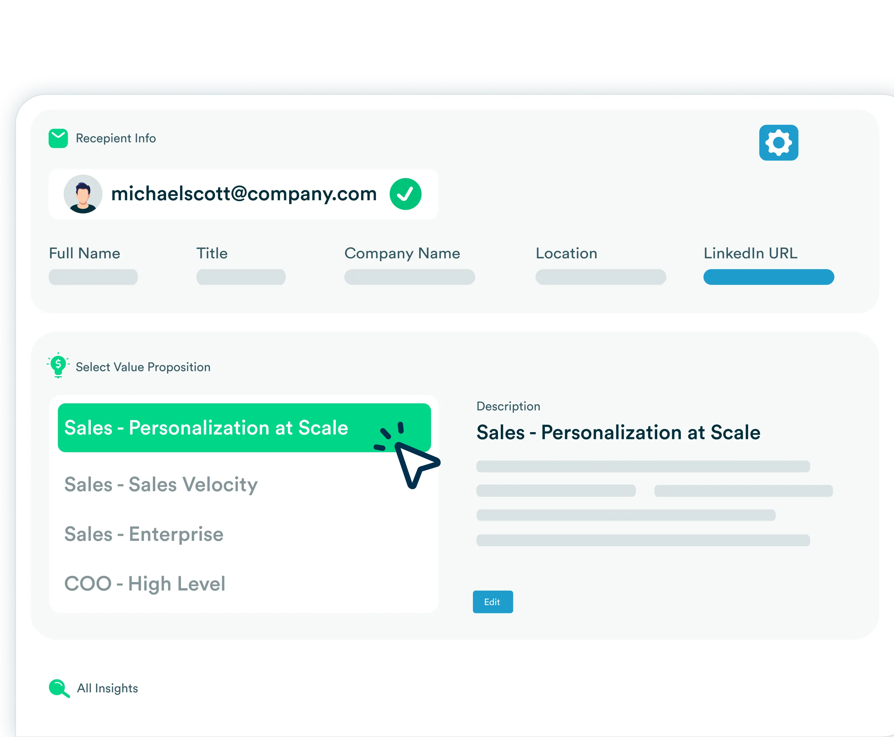 Stylized mockup of LeadIQ Scribe interface, emphasizing it's value proposition selector.