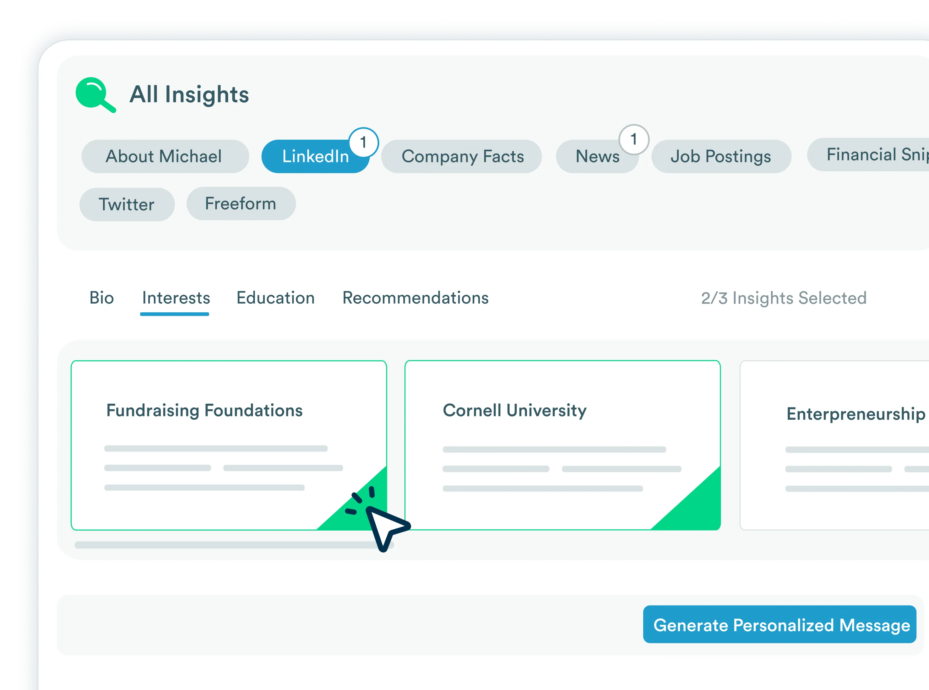 Stylized mockup of LeadIQ Scribe interface, emphasizing it's insights selector.