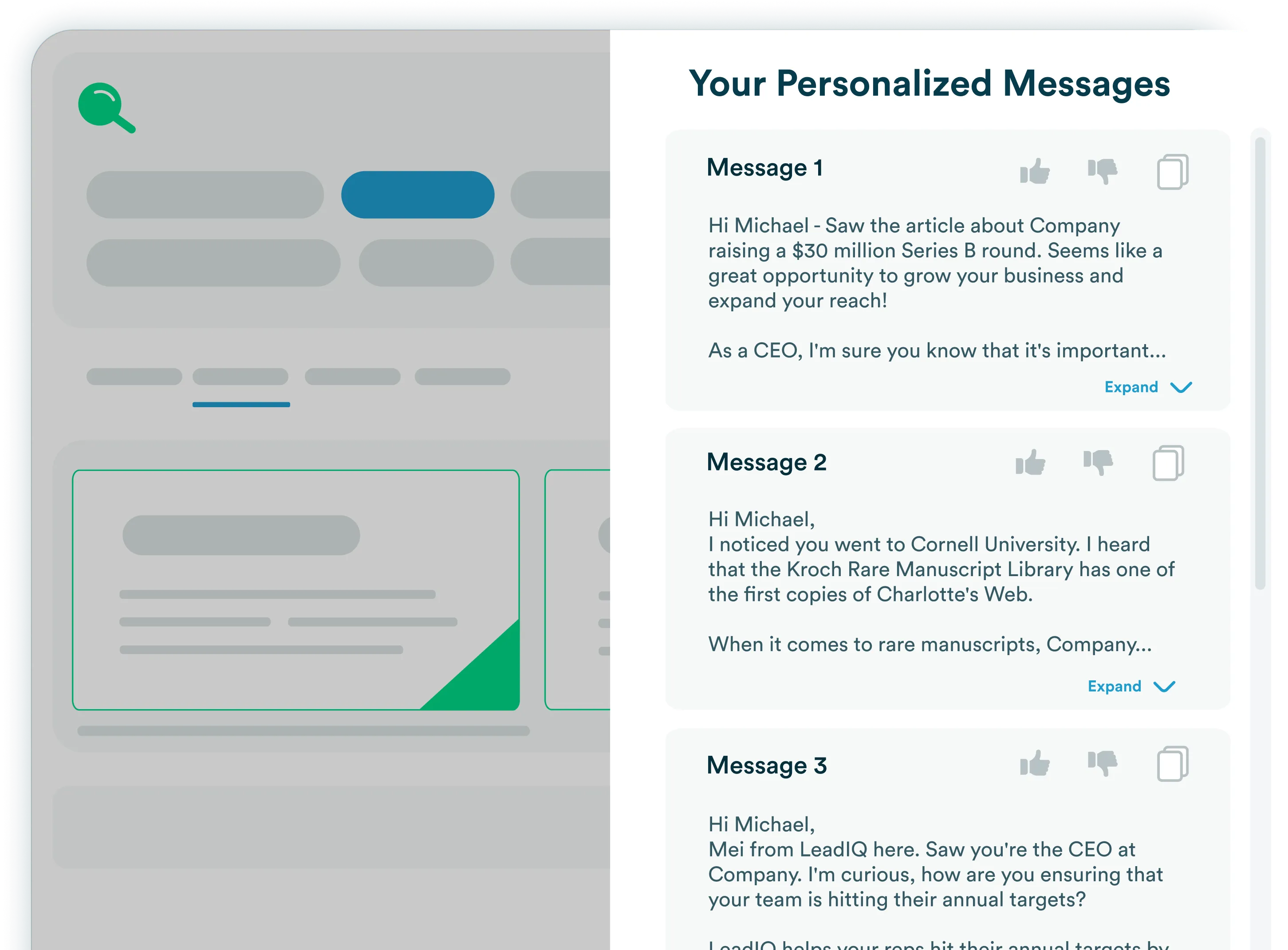 Stylized mockup of LeadIQ Scribe interface showing 3 auto generated emails.