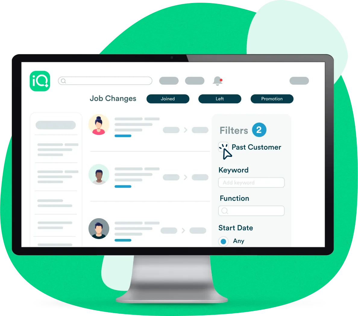 Mockup of LeadIQ Track job change filters on desktop computer with stylized green background