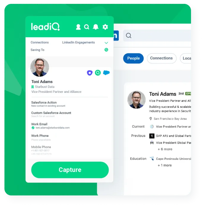 Product mockup of LeadIQ prospecting Chrome Extension mirroring LinkedIn profile