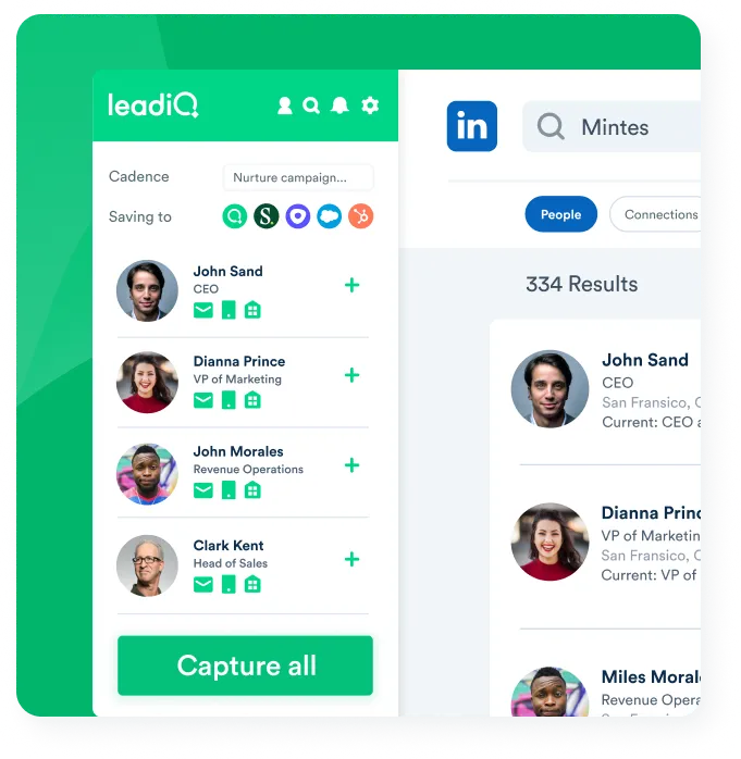 LeadIQ product mockup of Chrome Extension working alongside LinkedIn Sales Navigator to capture B2B contact data