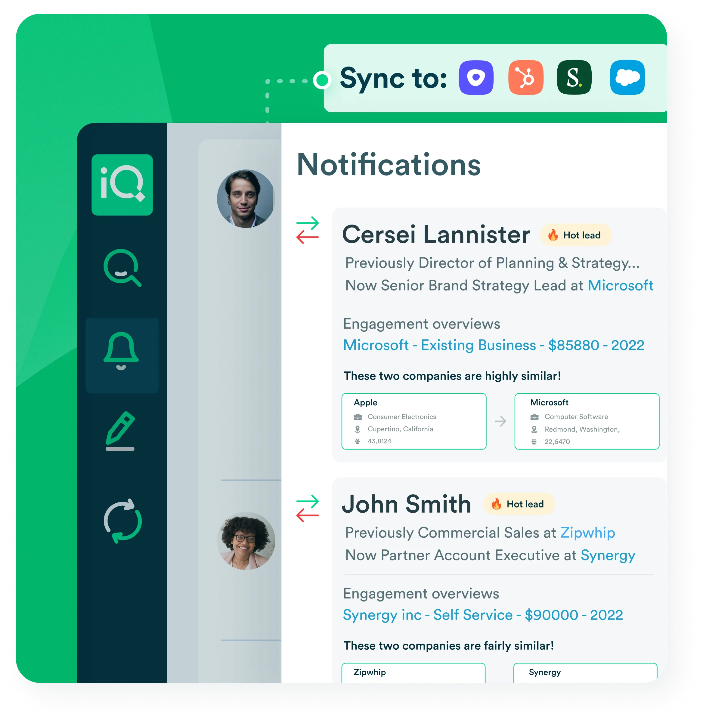 Stylized image showcasing LeadIQ job change notifications.